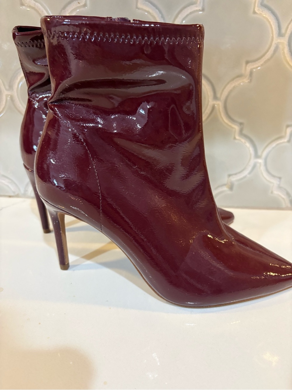Jessica Simpson Burgundy Patent Pointed-Toe Ankle Booties